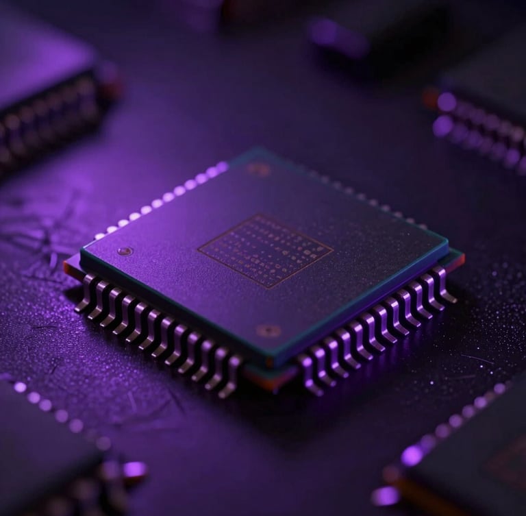 Cinematic wide shot of a single silicon microchip under sharp electric purple backlighting, deep shadows, extreme close-up, high contrast.