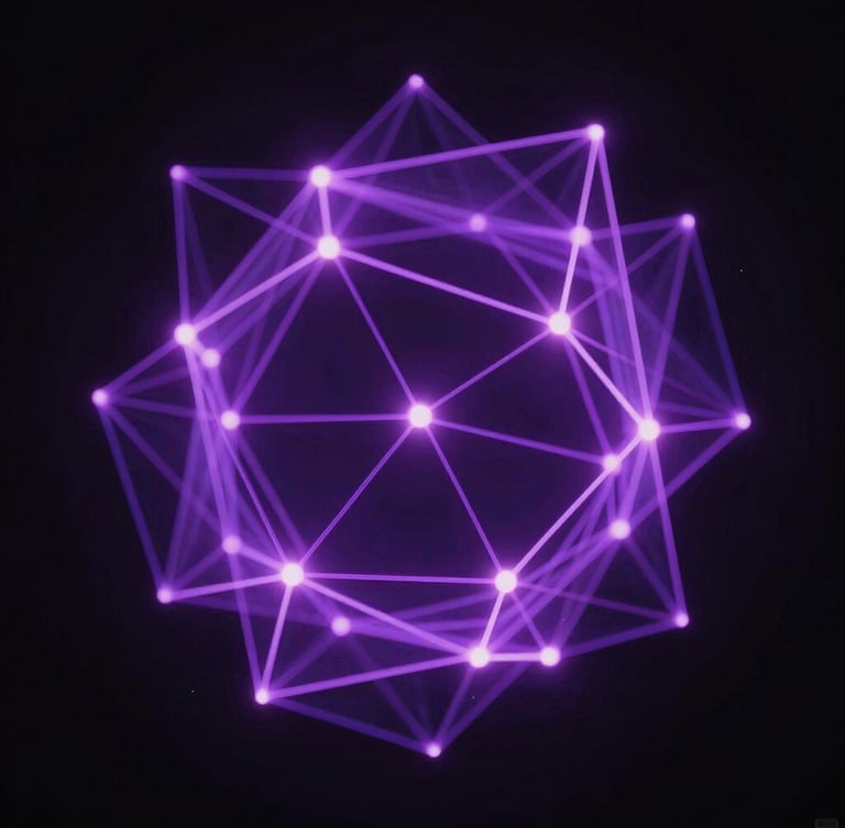 Cinematic portrait of abstract glowing geometric vectors forming a complex neural web, electric purple light, deep black background.