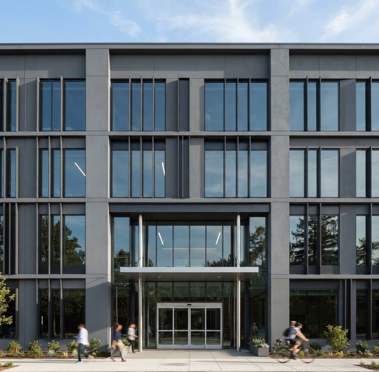 Straight-on architectural photography of a modern commercial building facade with flawless slate gray synthetic stucco, crisp clean lines under bright natural daylight.