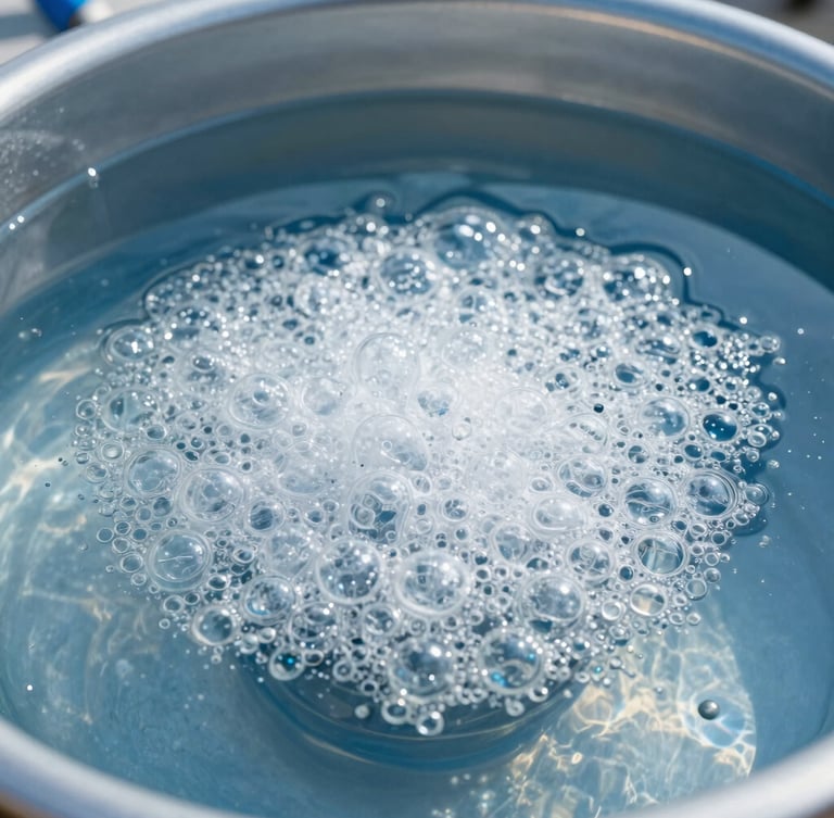 Close-up of clean water aeration tank with fine bubble diffusion, bright daylight, metallic blue tones, crisp high-contrast