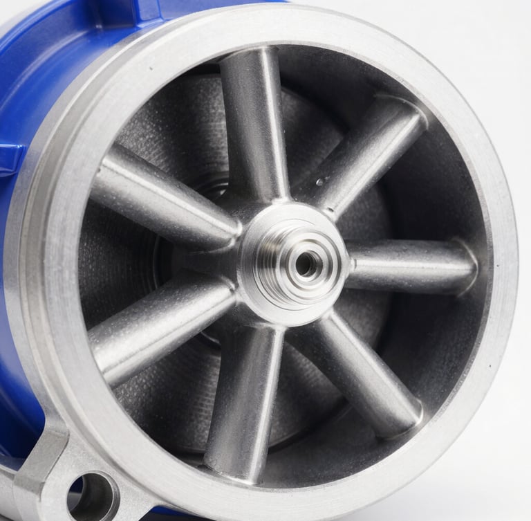 Macro shot of a precision-machined aluminum impeller inside a side channel blower housing, sharp studio lighting, metallic silver and deep blue