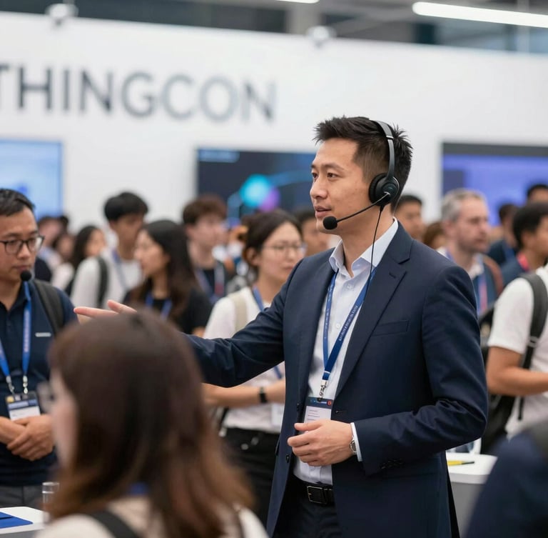 Candid action shot of a professional event coordinator with a headset guiding crowds with calm confidence at a major tech conference, bright natural lighting, 35mm lens