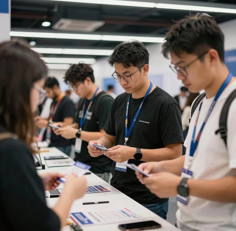 Medium-wide action shot of a professional event registration desk, staff scanning badges with calm confidence under bright modern conference lighting, 35mm lens.