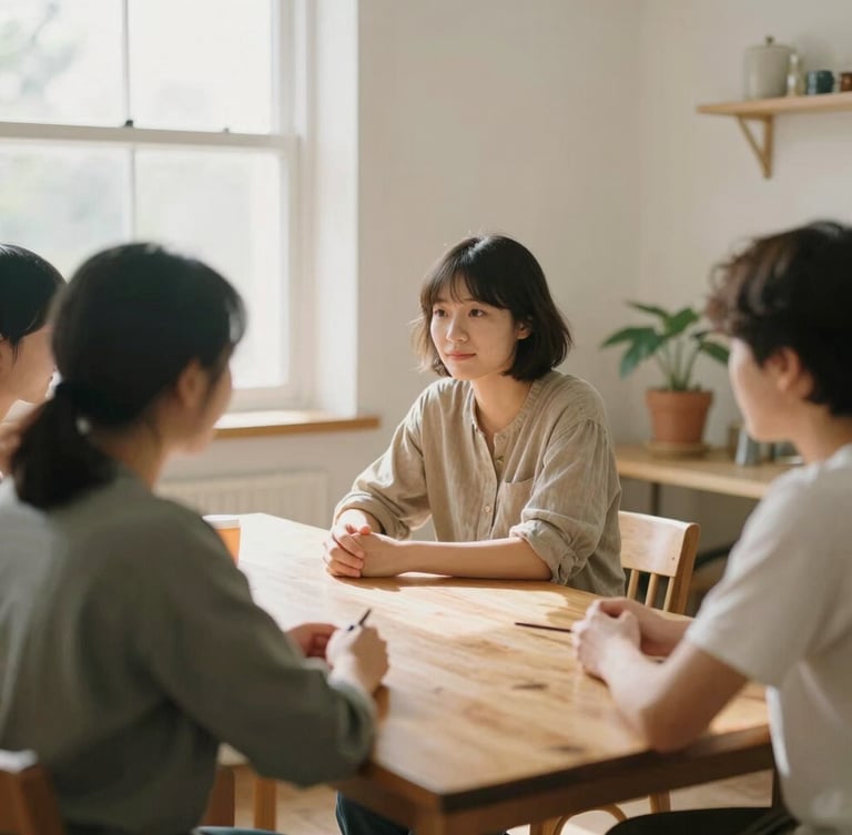 Warm editorial photography of community members sitting around a wooden table in a bright, sunlit room, soft natural window light, gentle earth tones, 35mm film style.