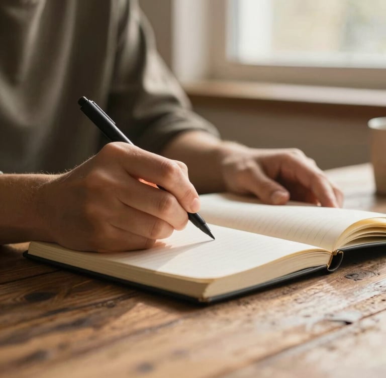 Close-up of hands writing in a notebook on a rustic wooden table, soft golden-hour window light, warm earth tones, shallow depth of field.