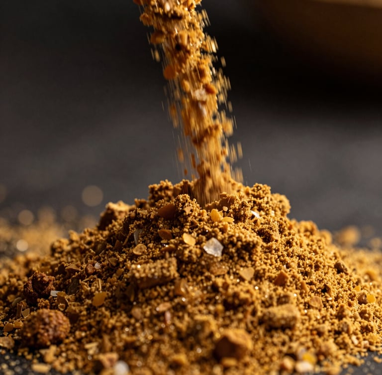 Macro close-up of fine golden-brown arenga sugar powder flowing smoothly under dramatic side-lit studio light, showcasing crystalline texture, high-contrast editorial photography.