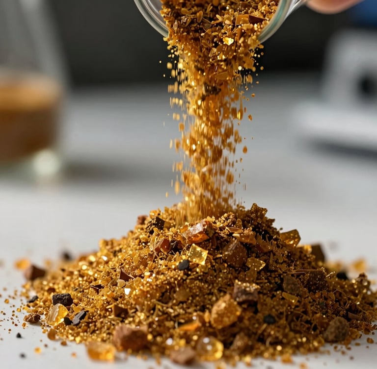 Macro close-up of fine golden-brown arenga sugar powder flowing smoothly in a clean laboratory testing environment, high-key studio lighting, sharp focus on crystalline texture