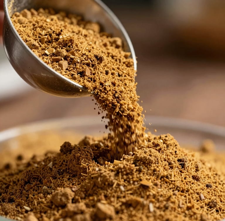 Macro shot of fine golden-brown arenga sugar powder flowing smoothly from a laboratory scoop, dramatic side-lit natural light, rich warm tones