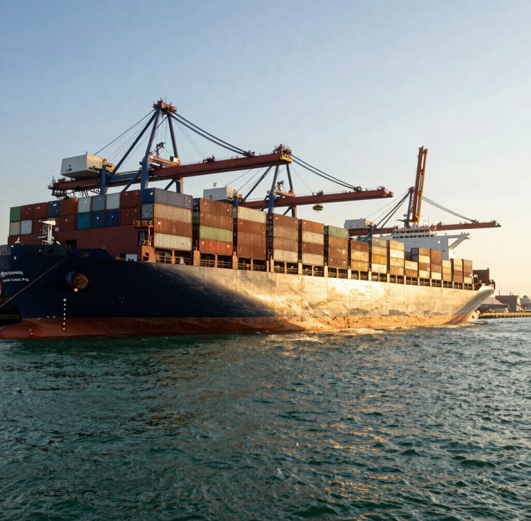 Wide panoramic shot of a massive container ship docked at Tanjung Priok port during early morning light, deep green ocean water, dramatic side-lit cargo cranes in background, clean composition