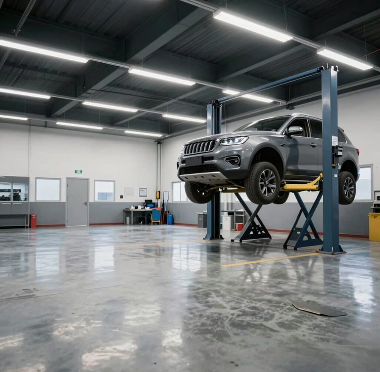Wide panoramic shot of a clean, modern automotive service bay with a vehicle raised on a hydraulic lift, cool fluorescent lighting reflecting off polished concrete floors, right-aligned composition.