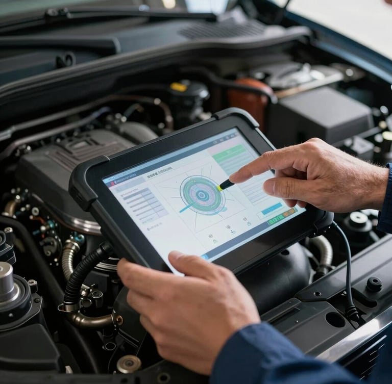 Close-up of a professional mechanic's hands using a digital diagnostic tablet inside a car's engine bay, cool daylight, highly detailed mechanical components