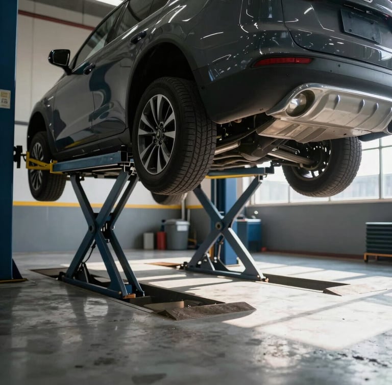 A clean, modern automotive service bay with a vehicle raised on a hydraulic lift, natural light spilling onto the polished concrete floor.