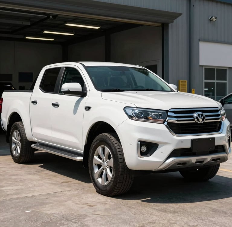 A clean, modern white pickup truck parked in front of an open workshop bay, natural daylight casting sharp shadows, professional automotive setting.