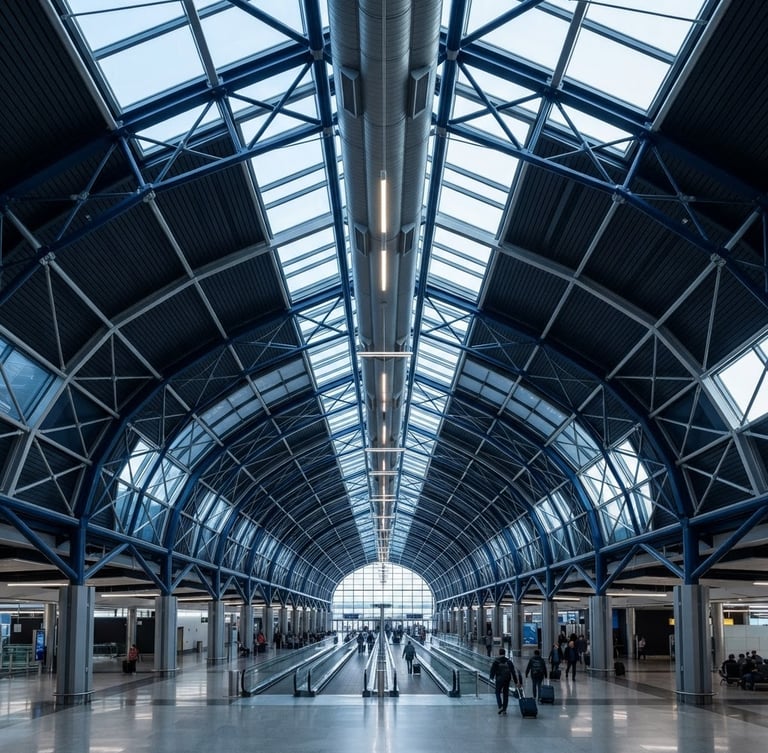 Wide-angle architectural symmetry of a modern airport terminal ceiling, clean steel and glass lines, cold morning light, deep navy tones