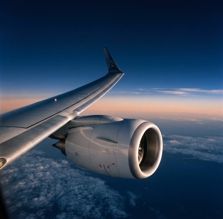 High-altitude wide-angle shot of a clean commercial aircraft wing and turbine in crisp morning light, deep navy sky, sharp focus, 35mm editorial.