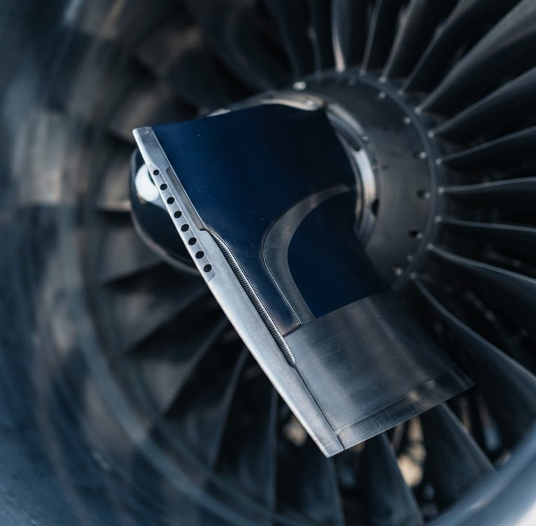 Macro shot of a high-performance aircraft turbine blade in crisp morning light, deep navy and silver metallic tones, sharp focus, premium corporate aviation photography