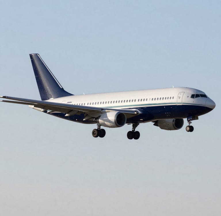 High-altitude commercial aircraft in clean flight, crisp morning light, silver and deep navy tones, sharp focus, editorial 35mm