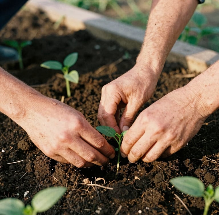 Candid close-up of hands working together in a community garden, planting green seedlings in rich dark soil under warm golden-hour daylight, 35mm film grain.