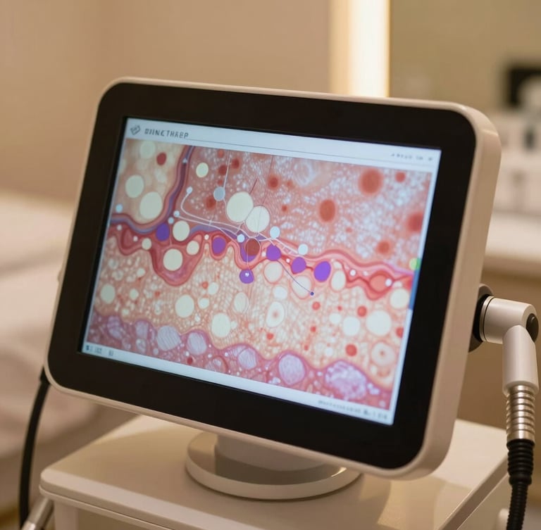 Close-up of a modern, premium skin analysis interface showing high-resolution dermal mapping on a screen, warm gold and soft plum lighting, clinical yet luxurious atmosphere.