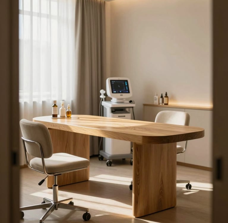 A quiet, premium consultation room in Singapore filled with soft morning light, featuring warm gold accents, minimalist oak furniture, and a clinical skin analysis interface visible in the background.