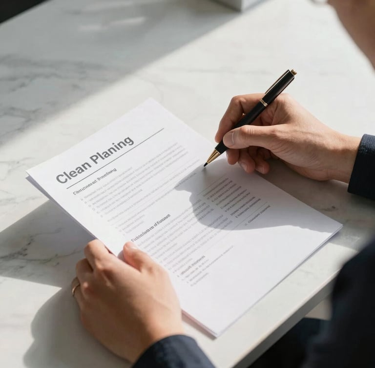 Hands of a professional reviewing clean financial planning documents on a marble desk, warm afternoon sunlight, minimalist and premium aesthetic.