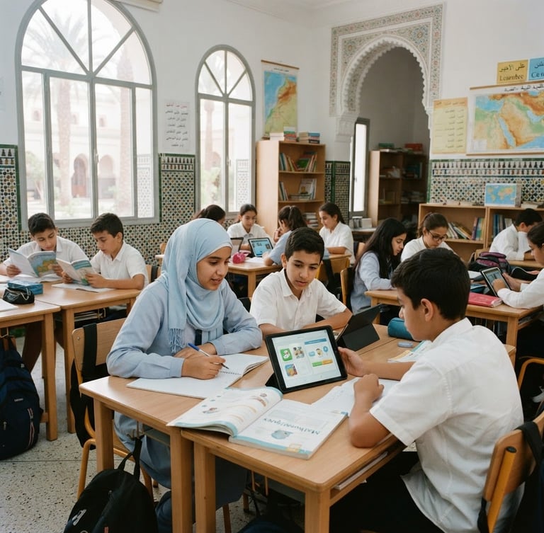 Bright Moroccan classroom with natural daylight filtering through large windows, students engaged with tablets and books, clean academic setting, 35mm photography