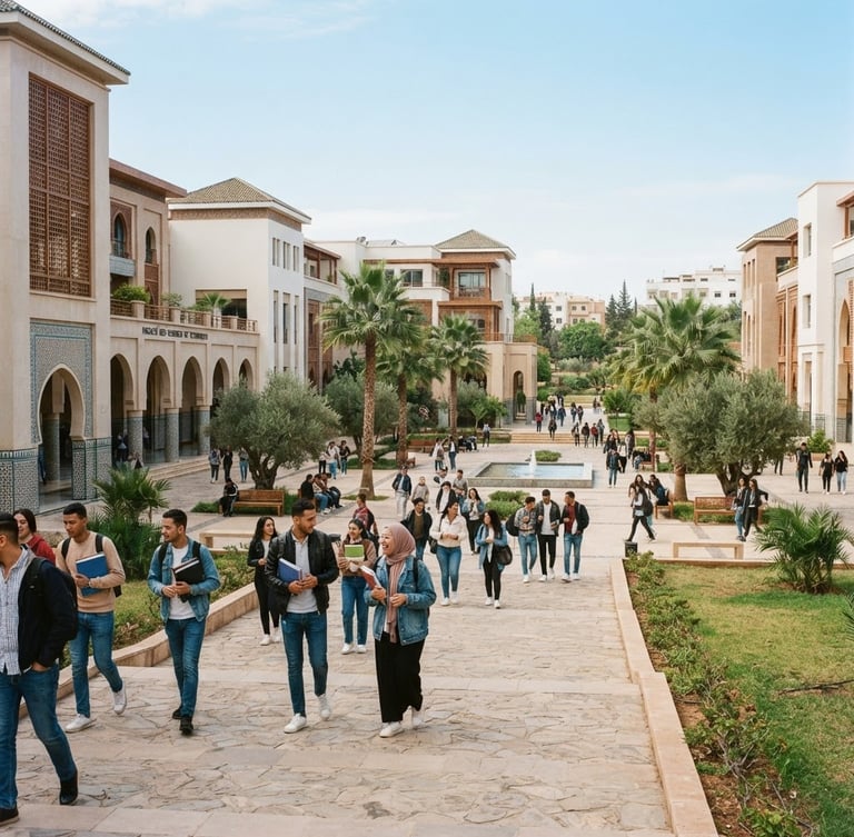 Wide shot of a modern Moroccan university campus courtyard with students walking, bright natural daylight, clean academic architecture, 35mm photography