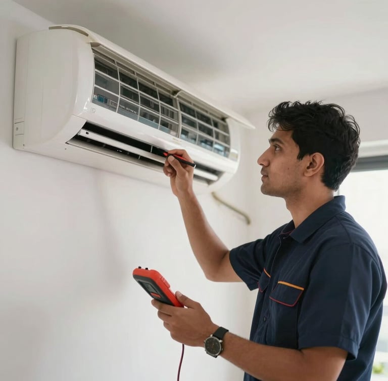 Medium close-up of a professional technician in a clean navy uniform inspecting a modern wall-mounted split air conditioner, holding diagnostic tools, bright natural light, Noida apartment interior.