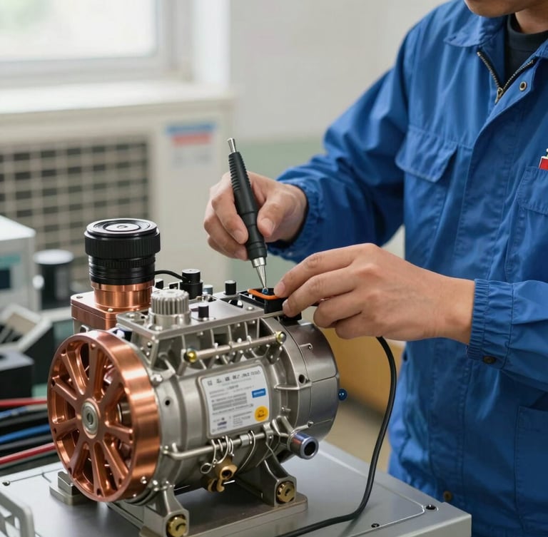 Close-up of a certified technician in a clean blue uniform using professional diagnostic tools on a modern copper AC compressor, bright natural indoor lighting