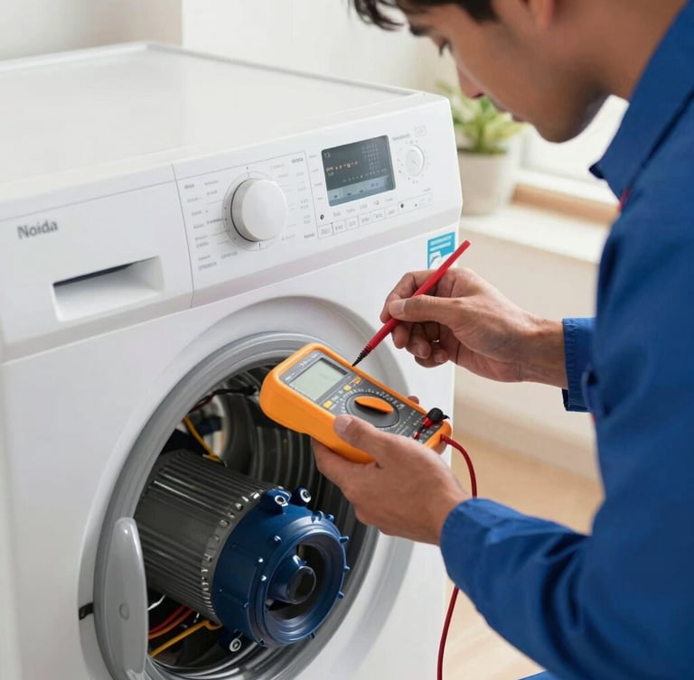 Close-up of a professional technician wearing a blue uniform, using a digital multimeter to test the electrical wiring of a modern washing machine motor, bright natural light, clean Noida apartment setting.