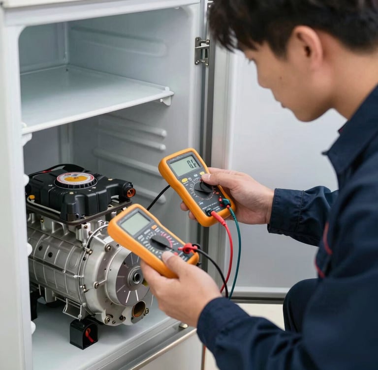 A certified technician in a clean navy uniform diagnostic-testing a double-door refrigerator compressor with a digital multimeter, close-up on hands and technical components, bright natural light.
