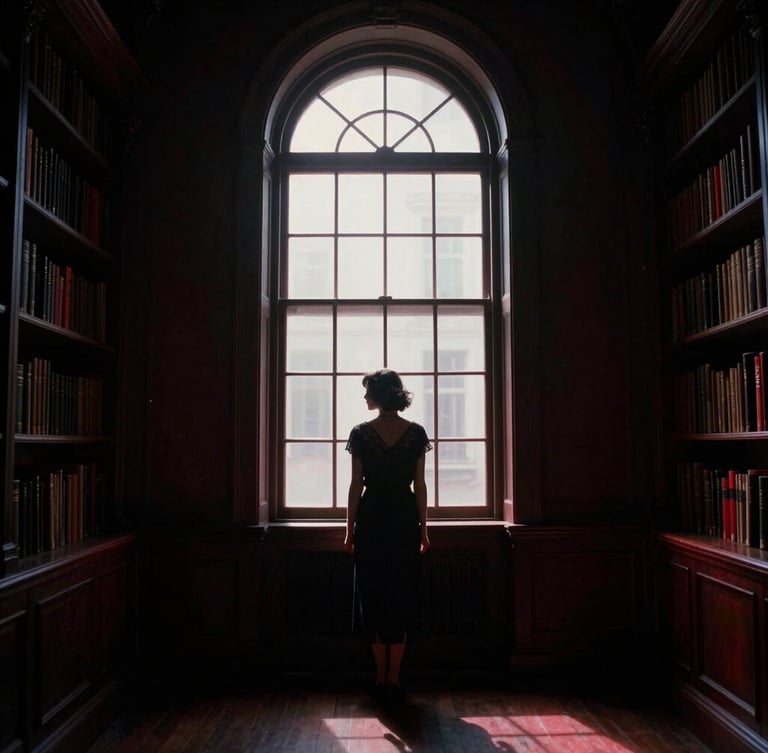 moody 1920s cinematic photography, deep chiaroscuro shadows, rich crimson highlights, 35mm film. A silhouetted figure standing near a tall arched window in an elegant, dimly lit library.