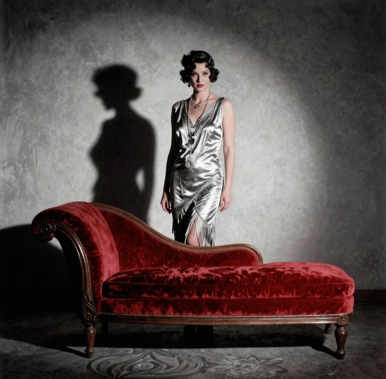 Moody 1920s cinematic photography, deep chiaroscuro shadows, a silhouetted elegant trans Mistress standing by a vintage velvet chaise, desaturated silver and crimson tones, 35mm film.