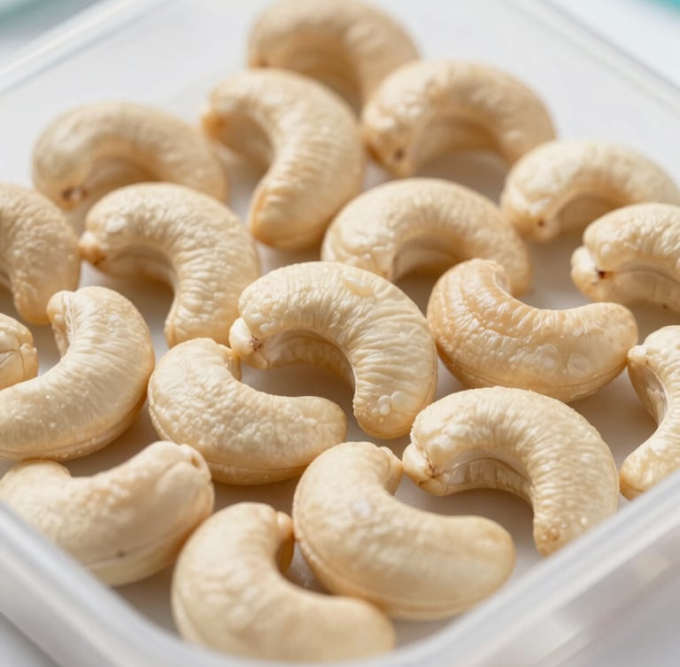 Macro close-up of raw cashew nuts inside a laboratory testing tray under bright neutral daylight, high detail