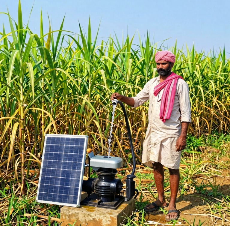 A proud Indian farmer standing in his vibrant green sugarcane field next to a robust solar water pump, bright midday sun, water flowing, realistic 35mm lens.