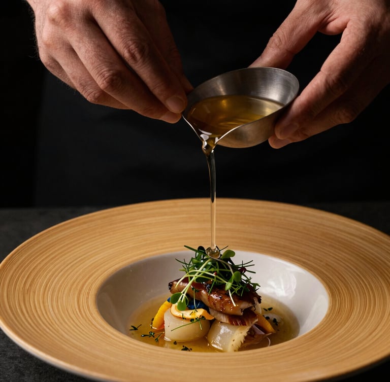 Close-up of chef's hands pouring a crystal-clear, golden broth over a beautifully arranged dish with micro-herbs, warm side-lighting, textured bamboo tableware, shallow depth of field.