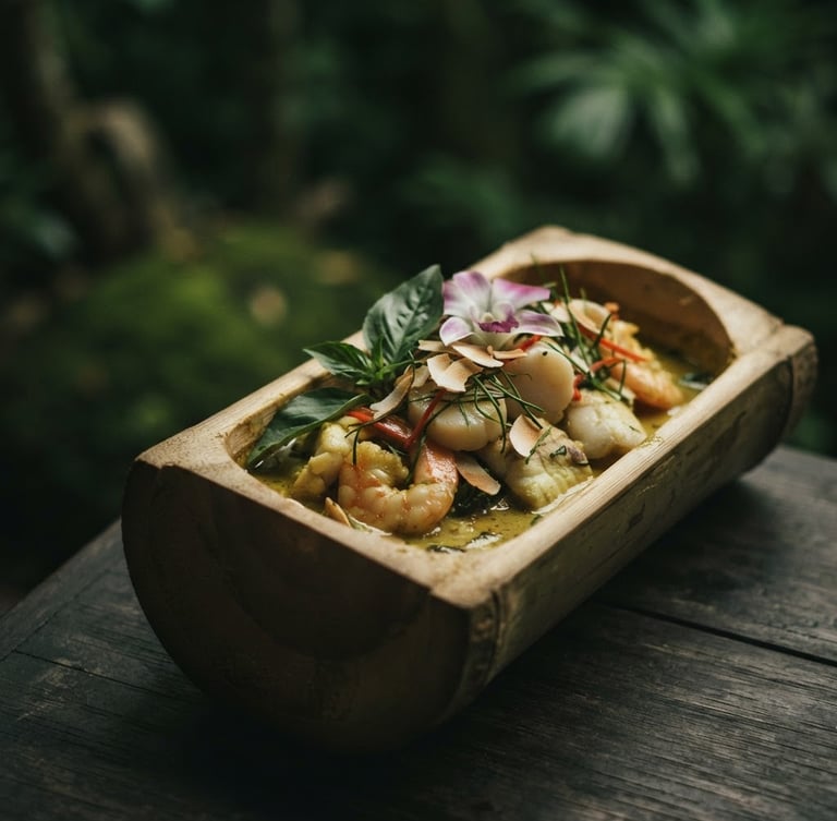 Moody editorial food photography, dramatic side-lighting on an elegant dish served in a hollowed bamboo stem, deep forest green background, shallow depth of field, 50mm lens