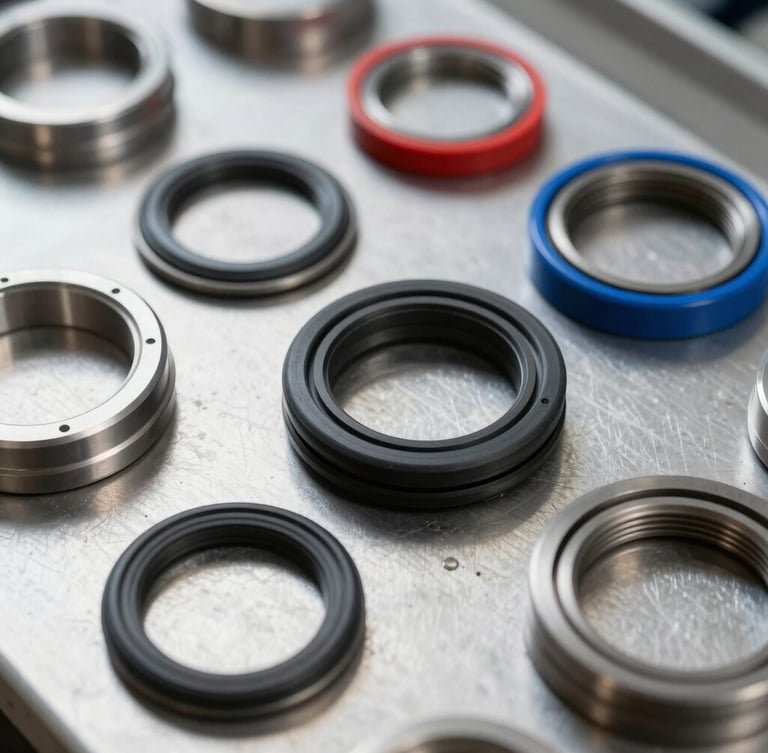 Close-up of industrial mechanical seals and black rubber O-rings on a clean steel plate, crisp daylight, metallic reflections, precision engineering
