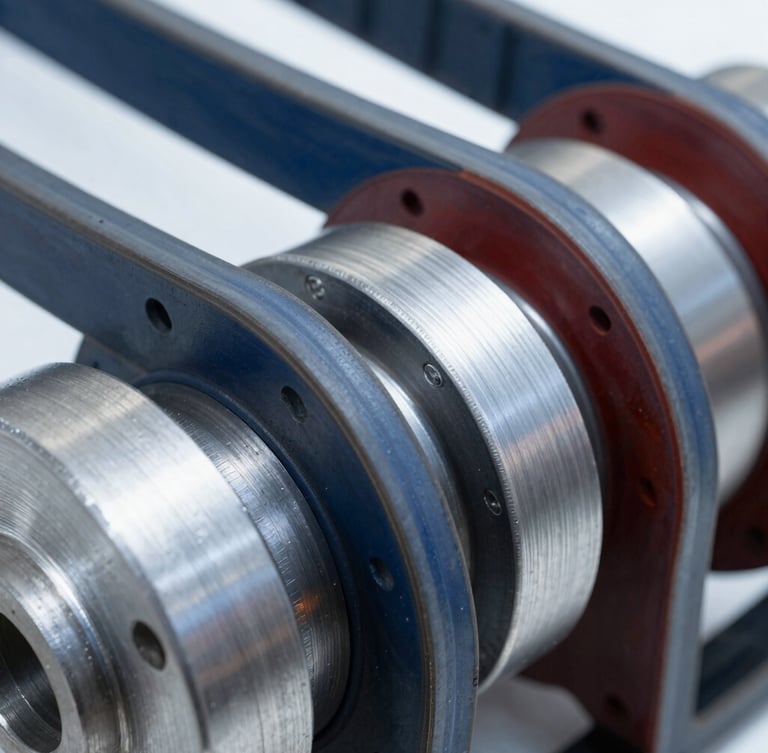Close-up of industrial rubber V-belts aligned on steel pulleys, sharp focus, metallic textures, clean industrial setting