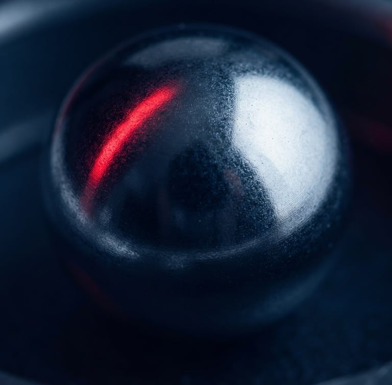 Macro photograph of a heavy-duty industrial chrome steel ball bearing, pristine metallic texture, deep navy blue shadows, sharp crimson red light reflection, high-contrast studio lighting.