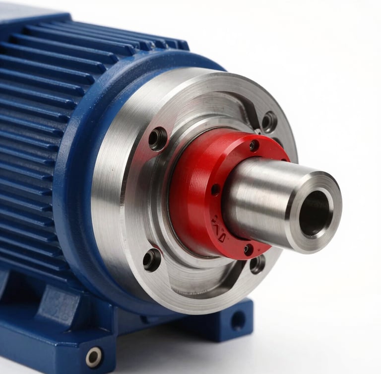 High-precision flexible shaft coupling mounted on an electric motor, studio lighting, crisp metal details, red accent highlights