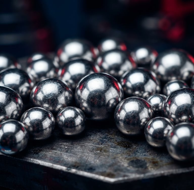 Macro studio photography of pristine industrial chrome steel ball bearings, high-contrast lighting, metallic textures, deep navy background, sharp depth of field