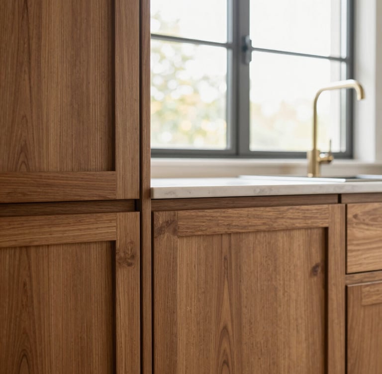 A bright, modern integrated kitchen with warm walnut wood cabinets, seamless built-in handles, natural light streaming from a large window, detailed close-up of a wood joint, 35mm lens, warm editorial photography