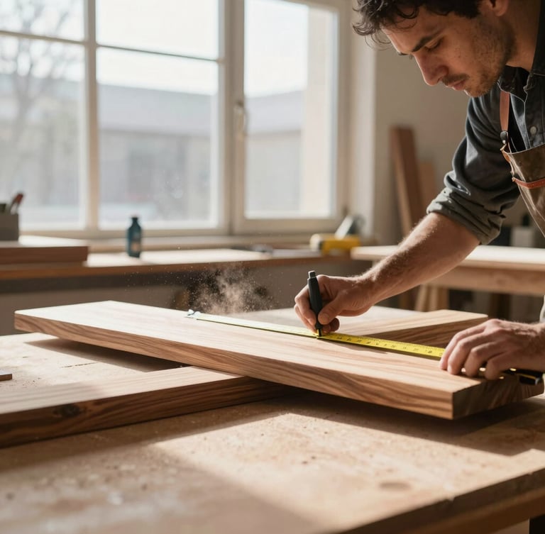 A professional carpenter measuring a raw walnut wood plank in a bright workshop, natural light pouring through large windows, dust particles visible in the air, 35mm lens