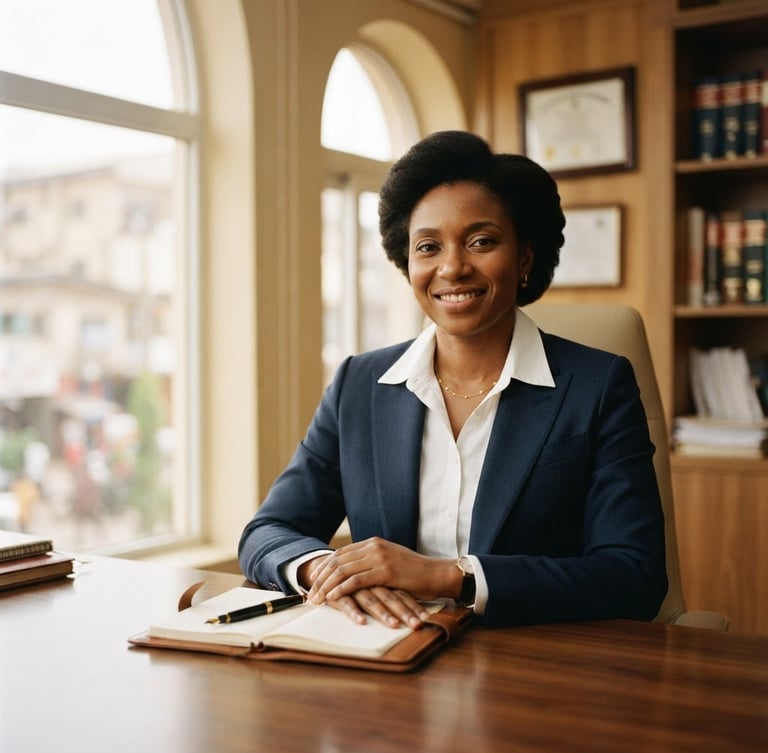 Elegant professional portrait of a West African lawyer in a deep navy suit, soft natural window light, warm sand-gold office background, 35mm editorial photography