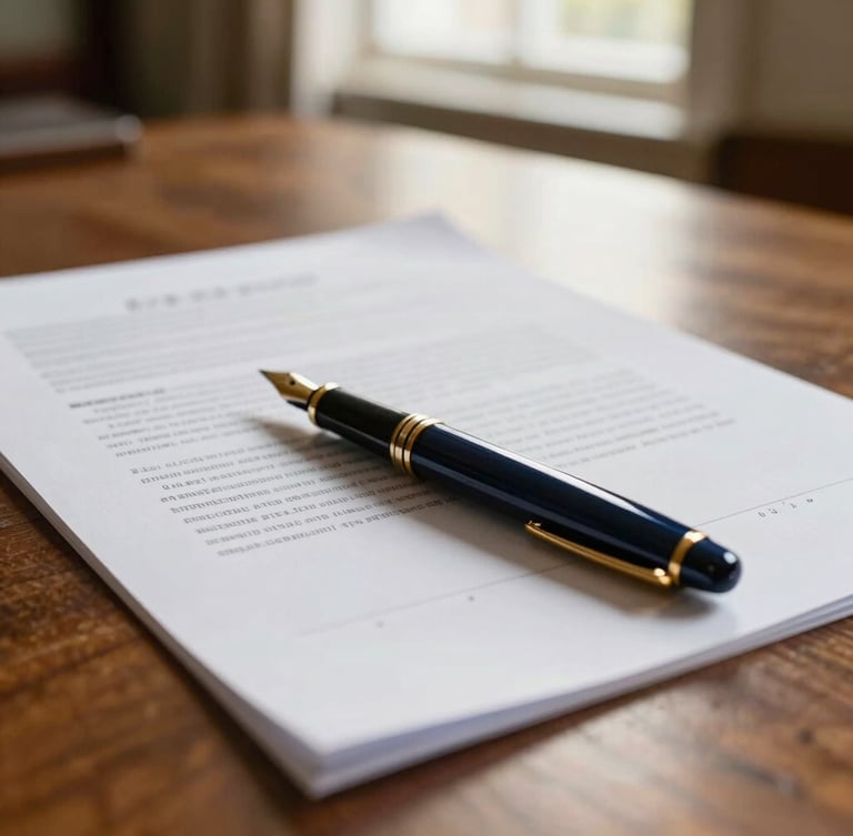 Close-up of structured legal documents and a classic fountain pen resting on a heavy oak desk, warm natural window light, shallow depth of field, professional editorial style