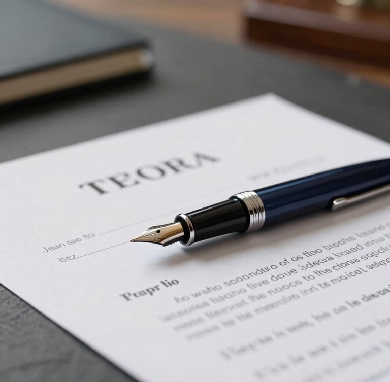 Close-up of elegant fountain pen resting on signed legal contract, warm side lighting, dark slate desk, professional depth of field