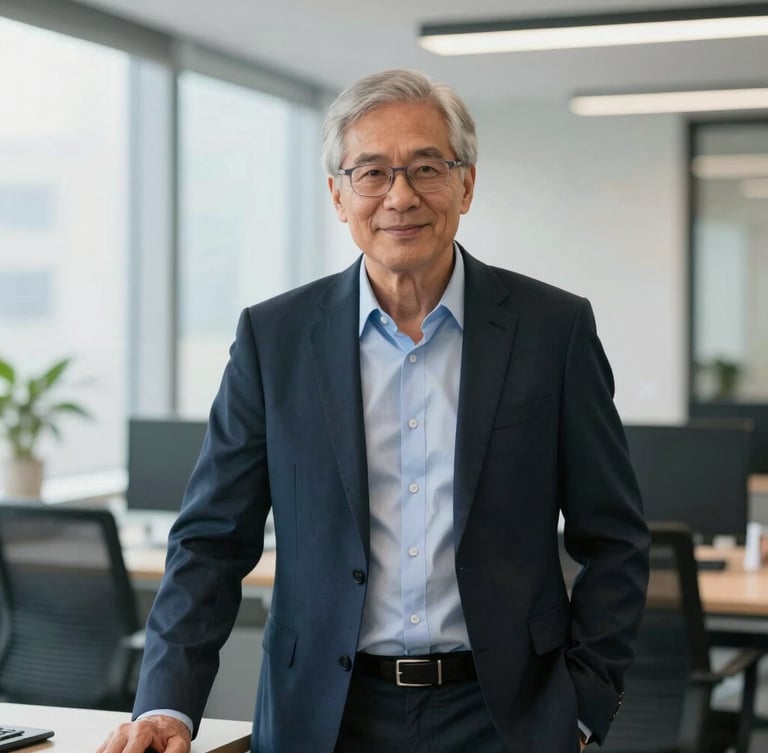 Sober portrait of a senior financial consultant in a modern office, soft natural lighting, professional business interaction without forced smiles