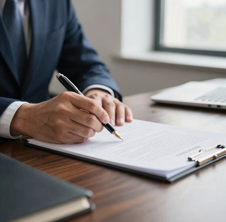 Close-up of a fountain pen signing structured legal documents on a dark oak desk, side-lit by soft morning window light, professional corporate mood.