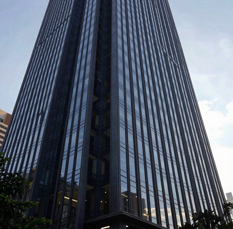 Wide architectural perspective of a modern glass office skyscraper in São Paulo, sharp geometric lines, soft natural daylight, 35mm lens